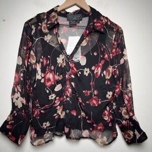 VTG 90s Women 100% Silk Button Front Top PL Black Red Floral Sheer Western Fairy